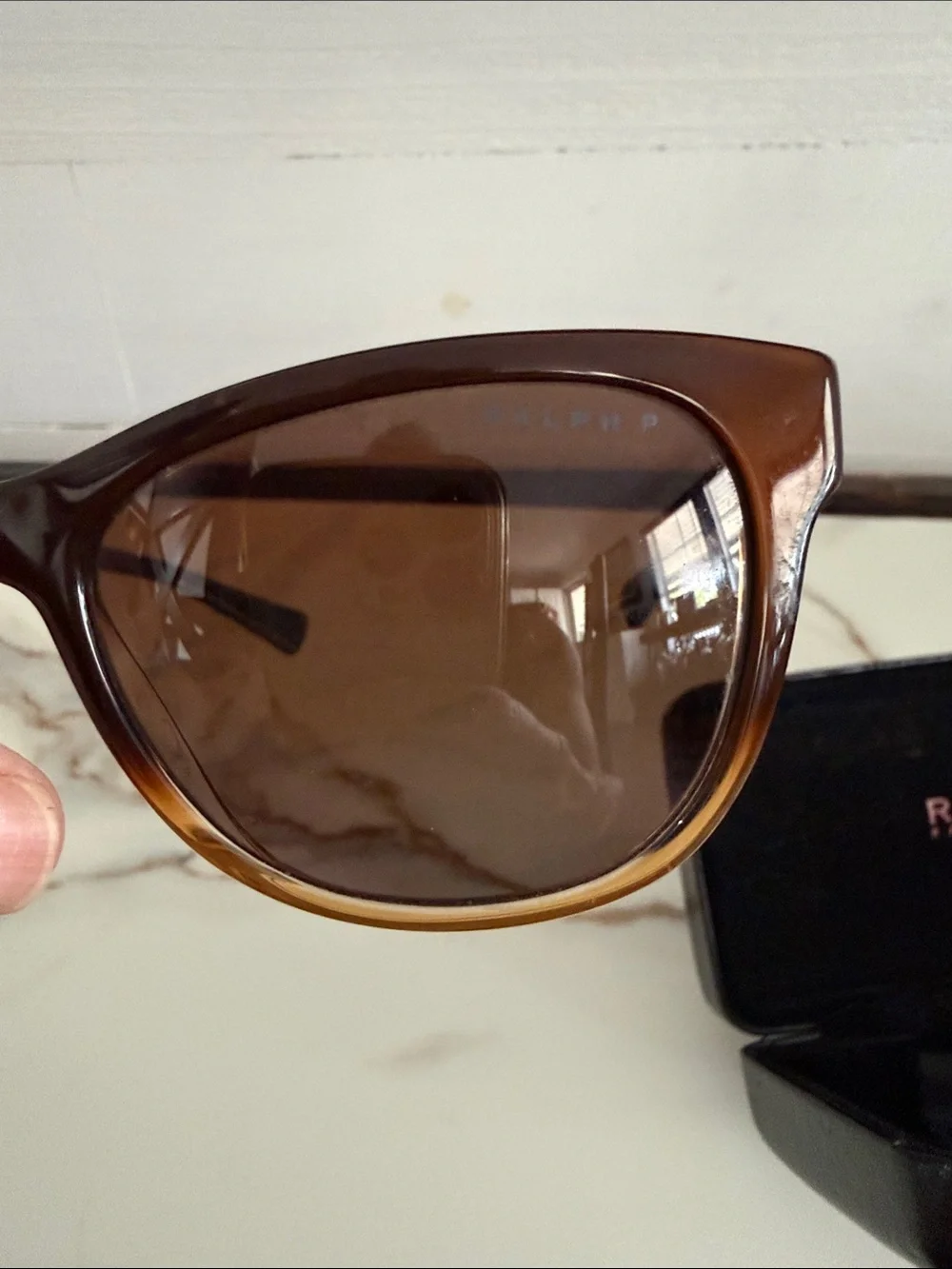 Ralph Ralph Lauren Brown Gradient Frame Sunglasses with Dark Lenses Blue Arms